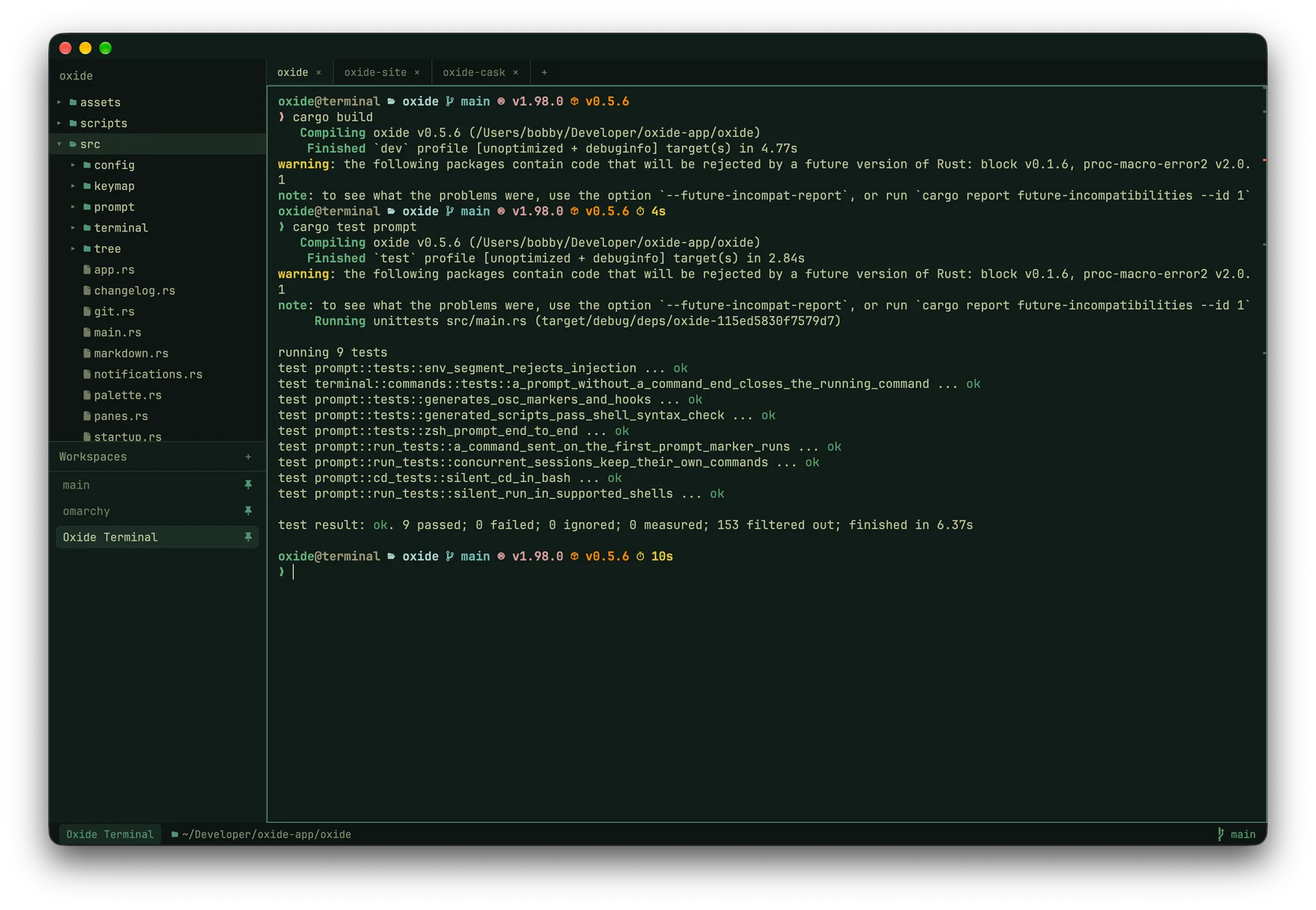Oxide Terminal showing the file tree drawer with a workspaces panel below it, tabs above a terminal running cargo build and cargo test, and a git-aware status bar
