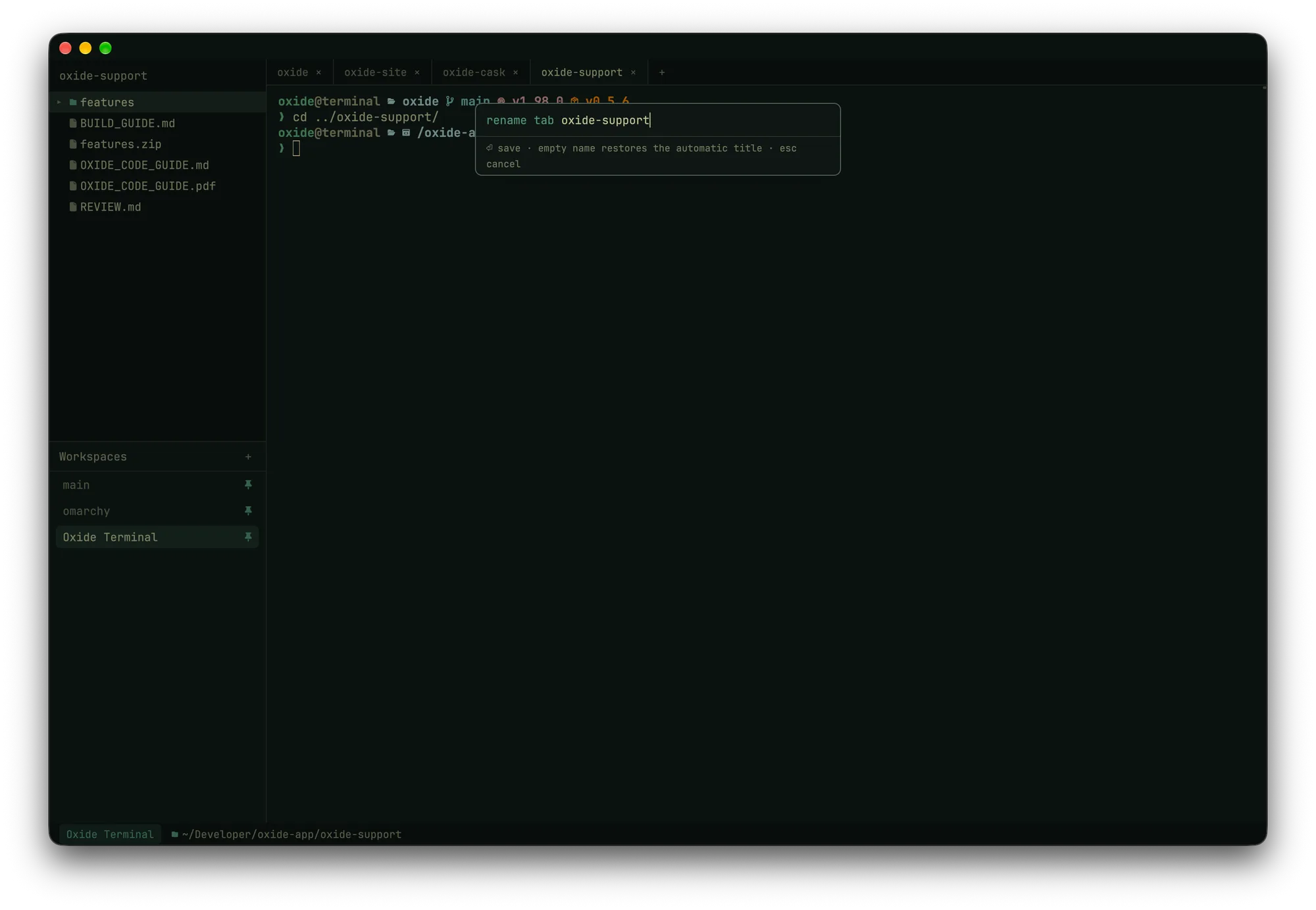 Oxide Terminal's rename tab prompt, with the tab bar and file tree behind it