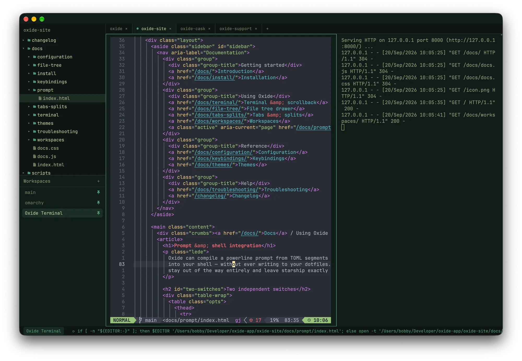 Oxide Terminal with two split panes: Neovim editing an HTML file on the left and a local HTTP server logging requests on the right