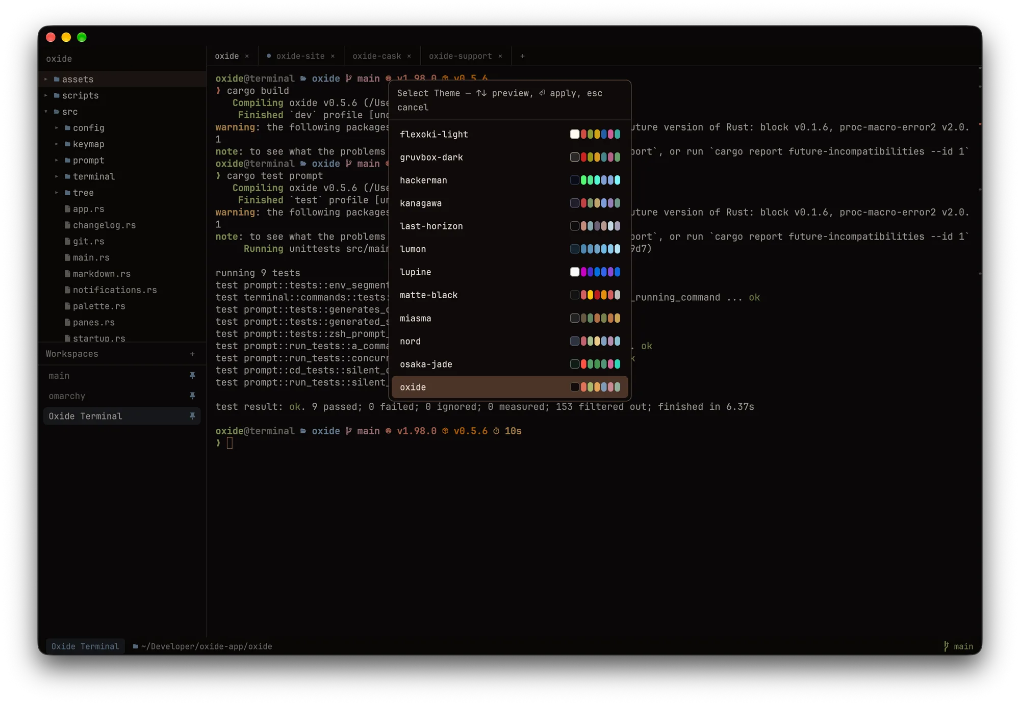 The Oxide Terminal theme picker listing presets with colour swatches, the window repainted in the selected oxide theme