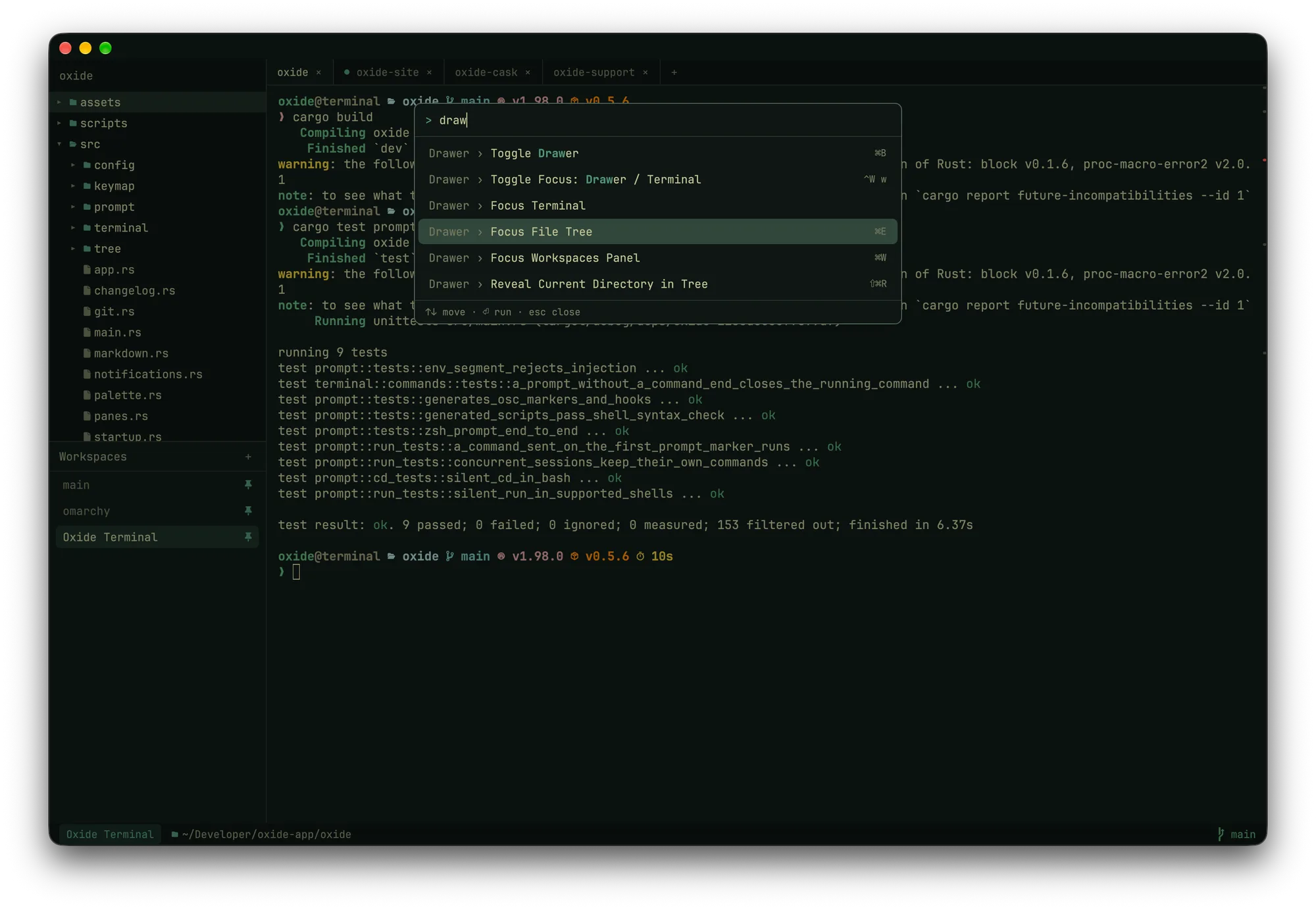 The Oxide Terminal command palette filtered to drawer actions, each listed with its key binding